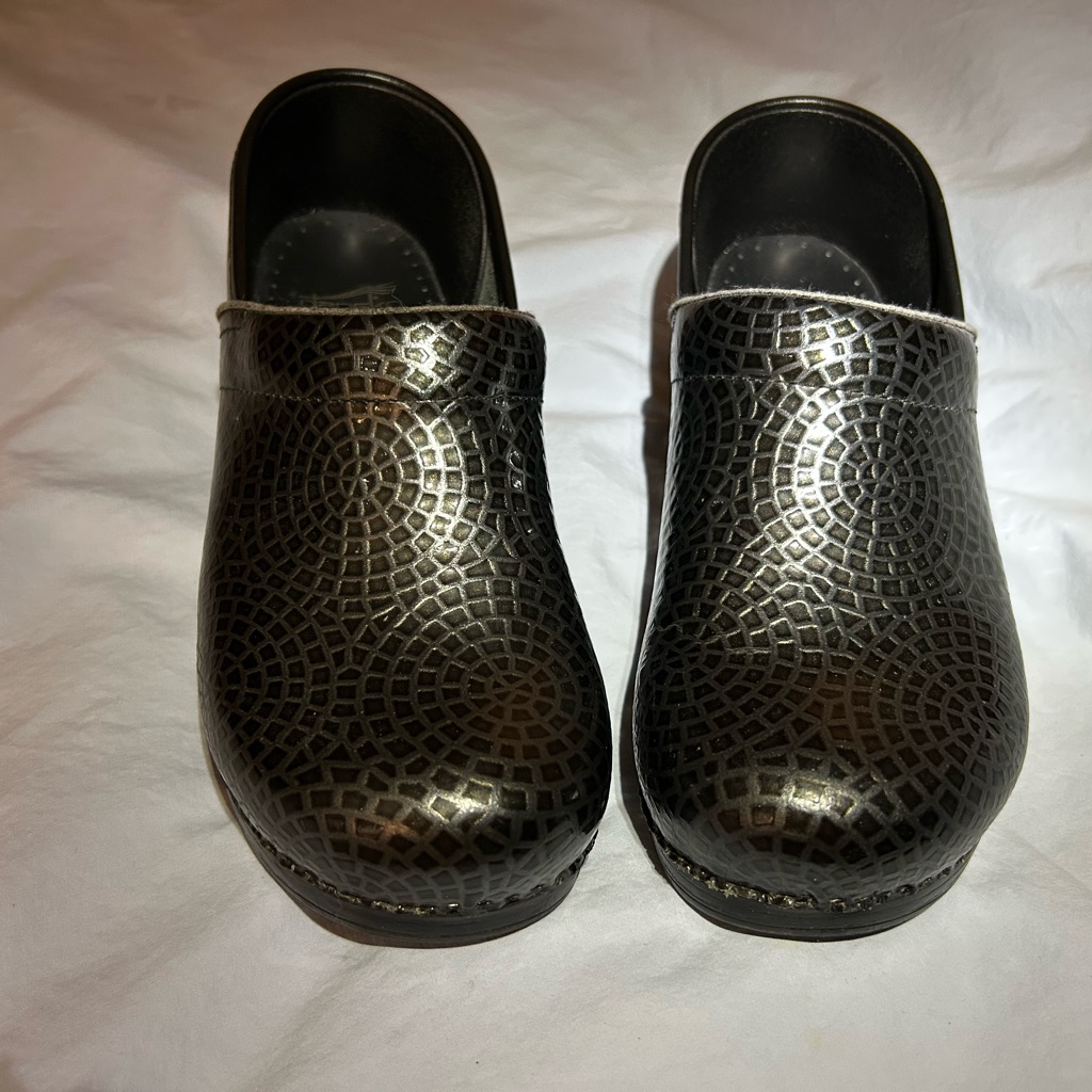 Dansko Black/Silver Patterned Clogs